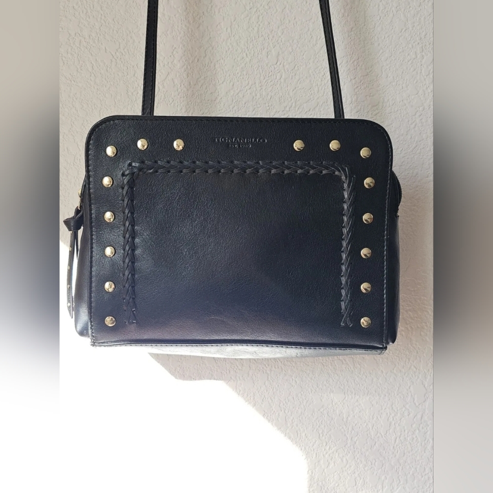Tignanello Black Leather Crossbody Purse With Gold Embellishments
